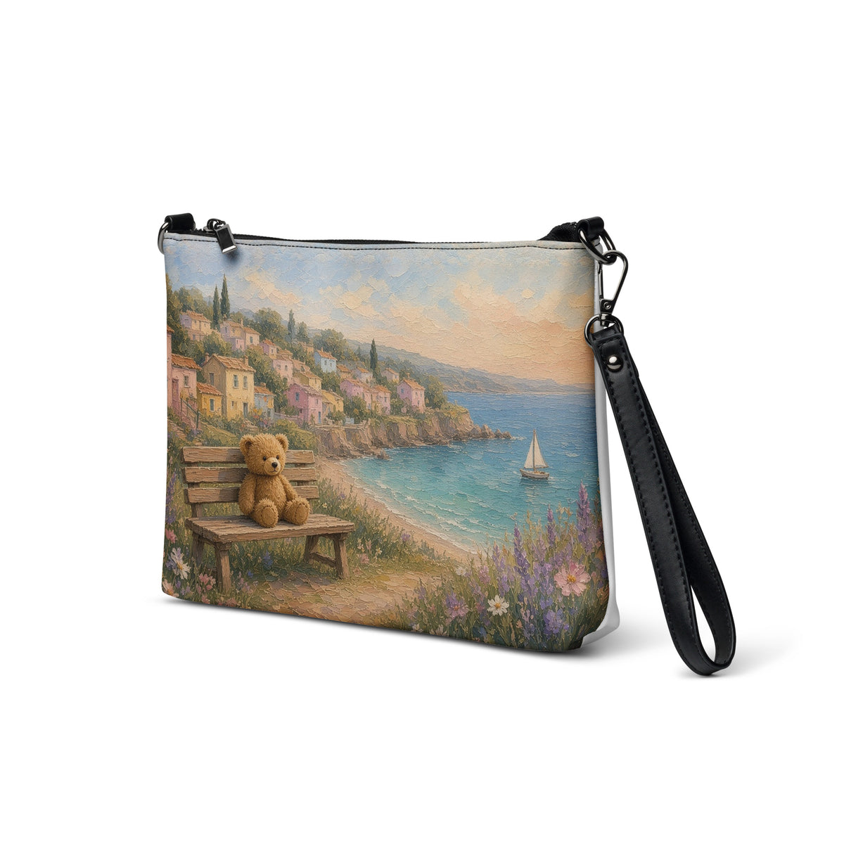 Seaside Village Teddy Town crossbody bag by Jamie Lawrence, front angle