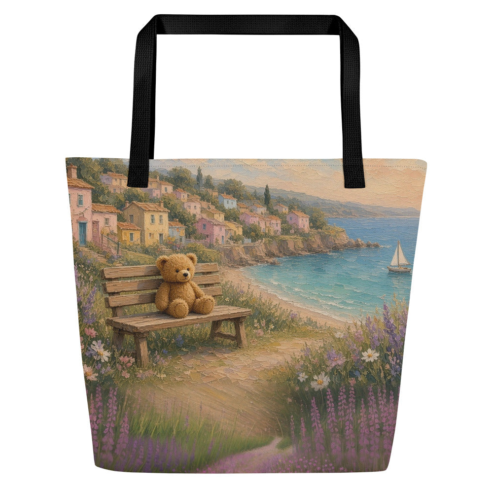 Seaside Village all-over tote by Jamie Lawrence with black handles