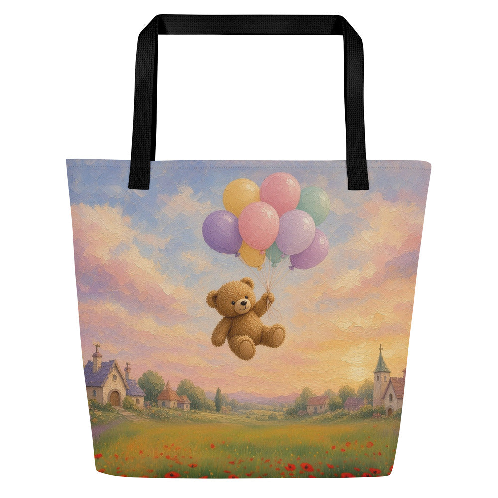 Up, Up and Away all-over tote by Jamie Lawrence with black handles