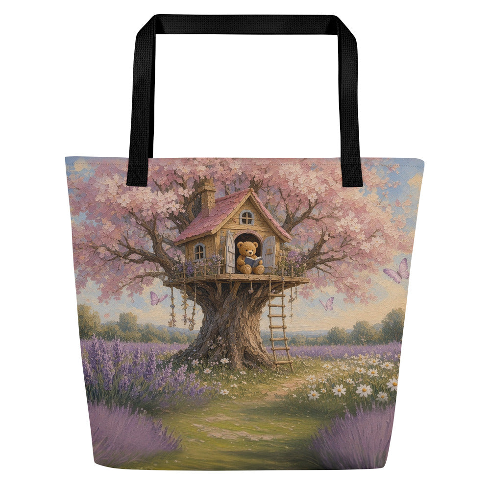 Blossom Treehouse all-over tote by Jamie Lawrence with black handles