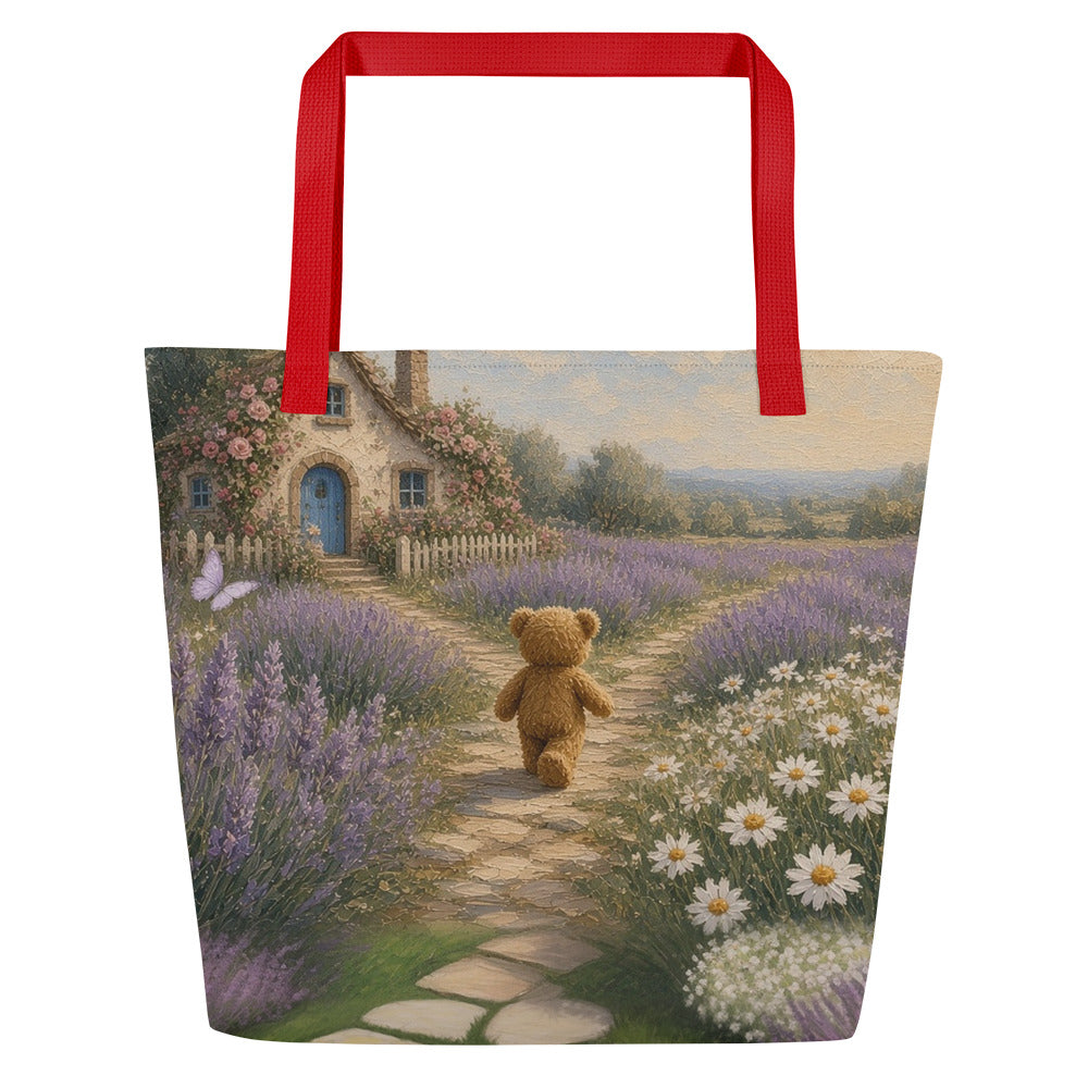 Cottage Path all-over tote by Jamie Lawrence with red handles