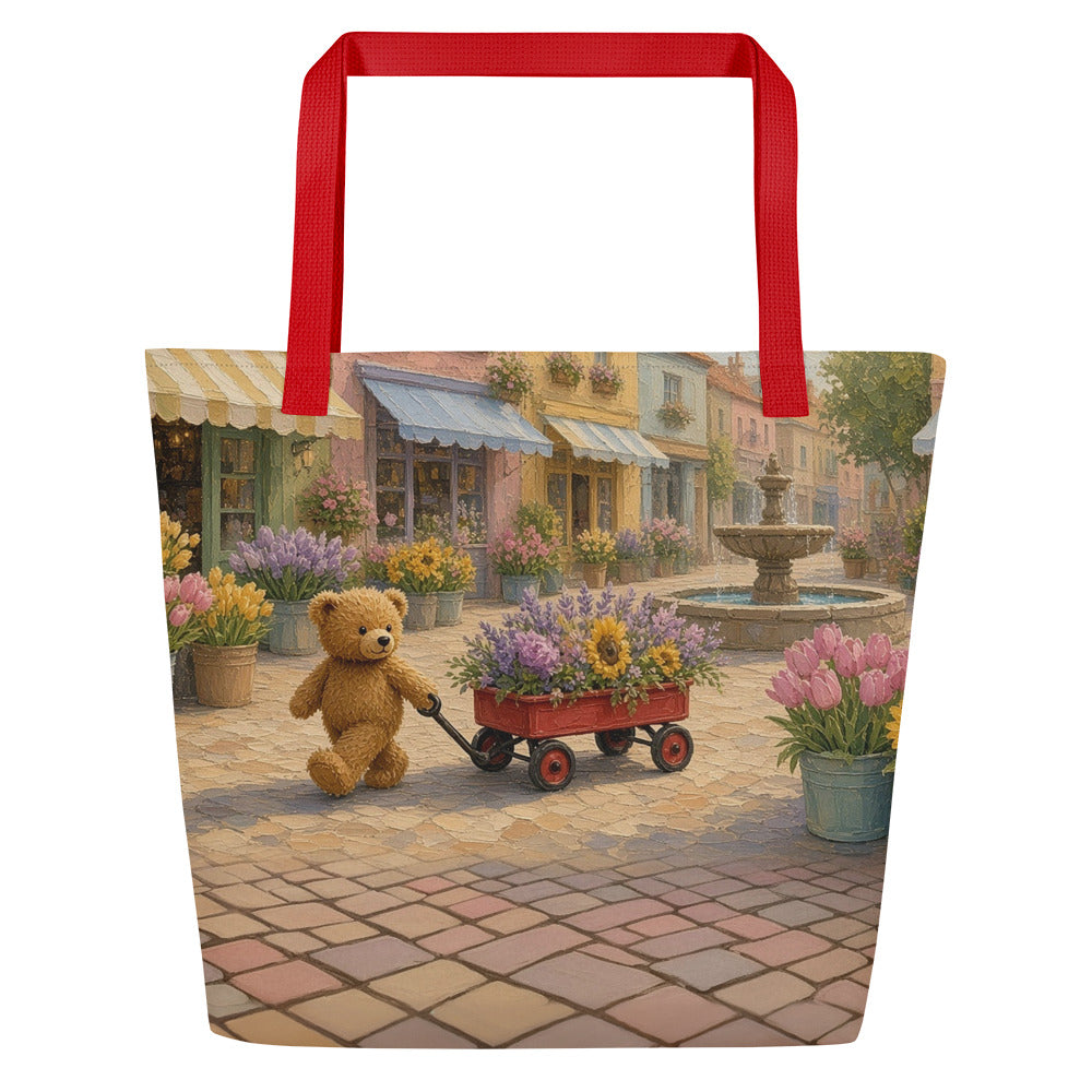 Flower Market all-over tote by Jamie Lawrence with red handles