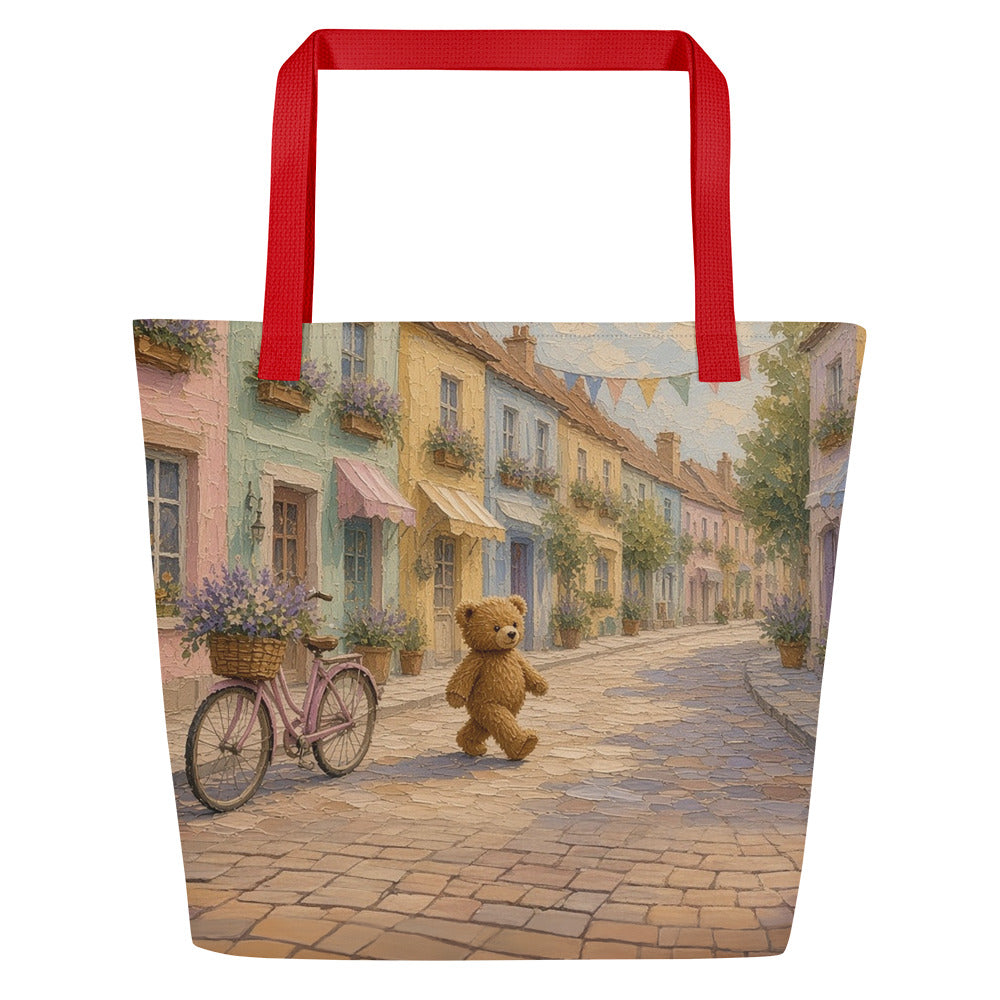 Little Town all-over tote by Jamie Lawrence with red handles