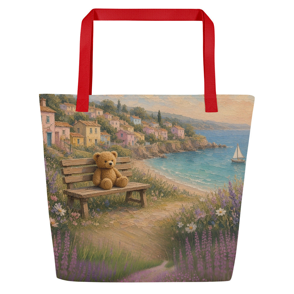 Seaside Village all-over tote by Jamie Lawrence with red handles