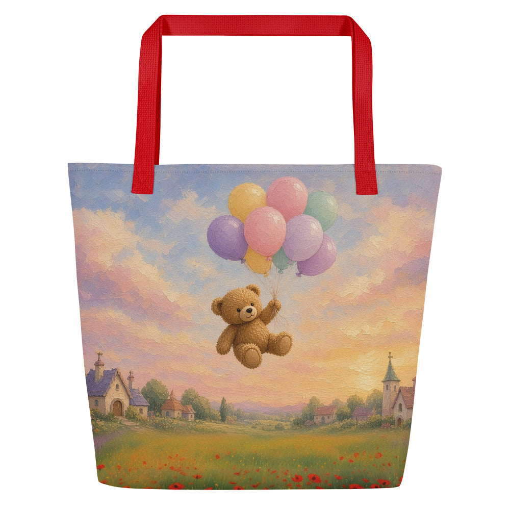 Up, Up and Away all-over tote by Jamie Lawrence with red handles
