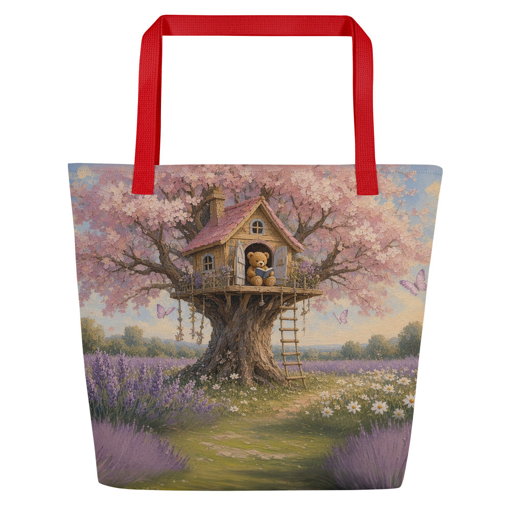 Blossom Treehouse all-over tote by Jamie Lawrence with red handles