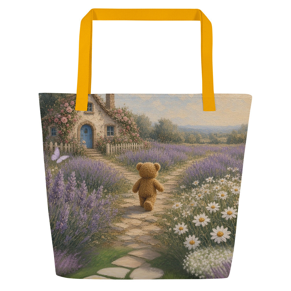 Cottage Path all-over tote by Jamie Lawrence with yellow handles, Teddy Town painting edge to edge