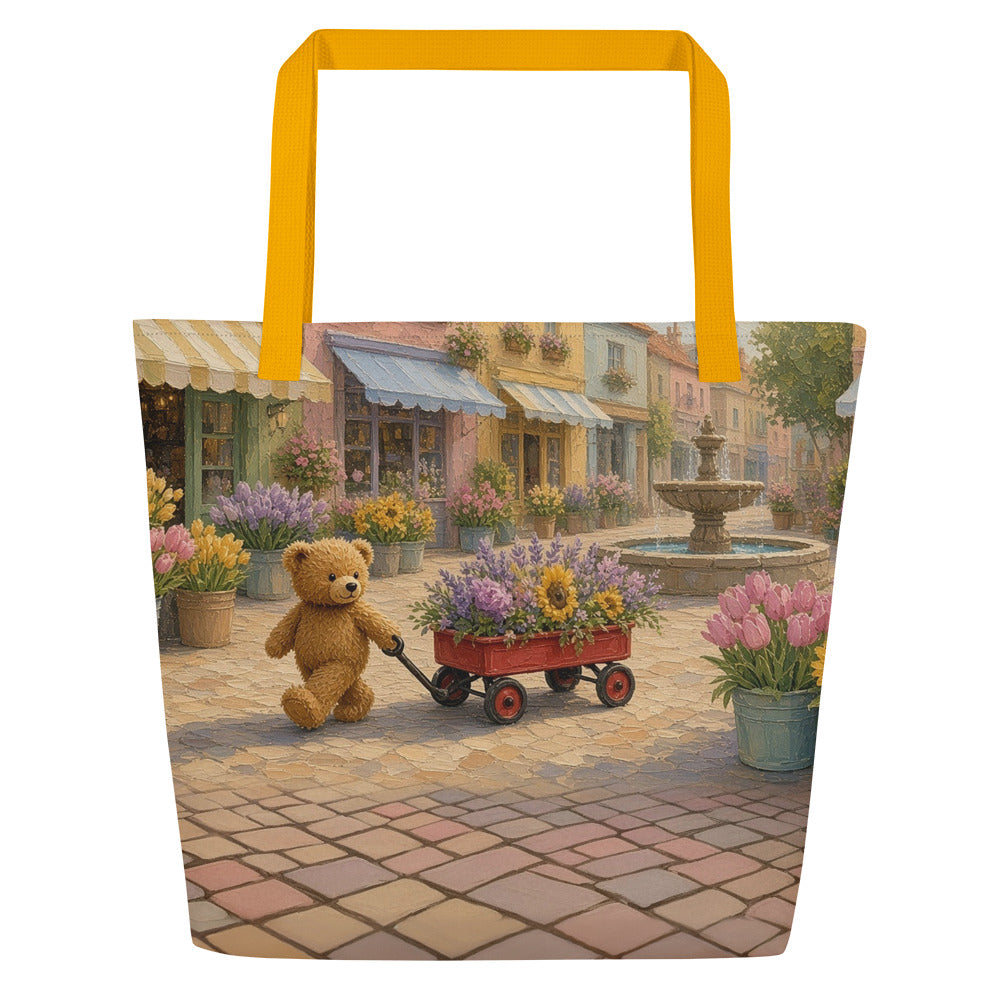 Flower Market all-over tote by Jamie Lawrence with yellow handles, Teddy Town painting edge to edge