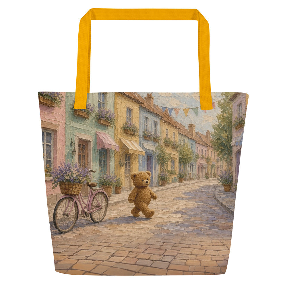 Little Town all-over tote by Jamie Lawrence with yellow handles, Teddy Town painting edge to edge