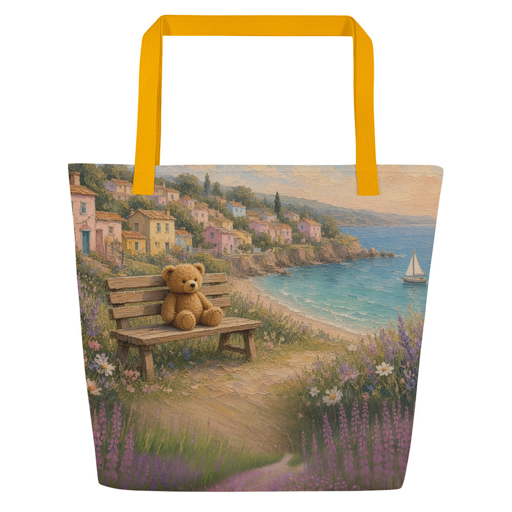 Seaside Village all-over tote by Jamie Lawrence with yellow handles, Teddy Town painting edge to edge