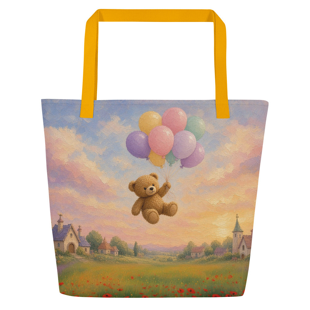 Up, Up and Away all-over tote by Jamie Lawrence with yellow handles, Teddy Town painting edge to edge