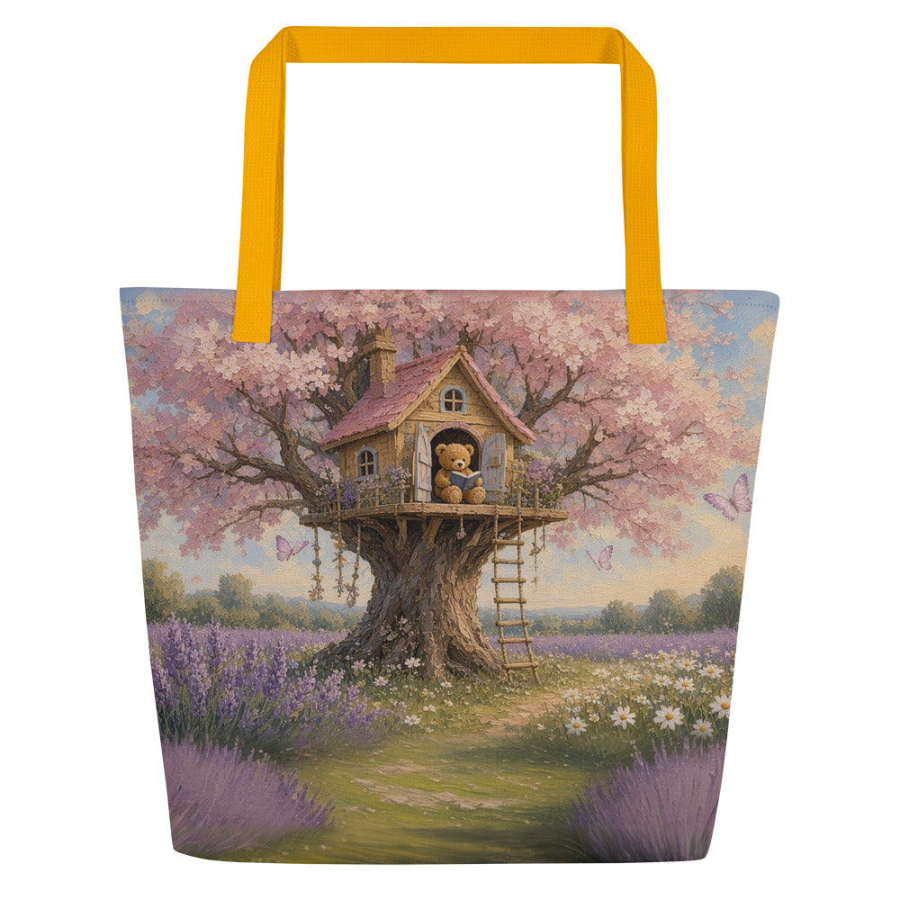 Blossom Treehouse all-over tote by Jamie Lawrence with yellow handles, Teddy Town painting edge to edge