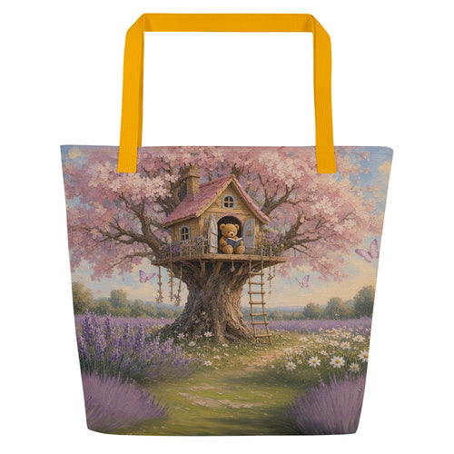 Blossom Treehouse all-over tote by Jamie Lawrence with yellow handles, Teddy Town painting edge to edge