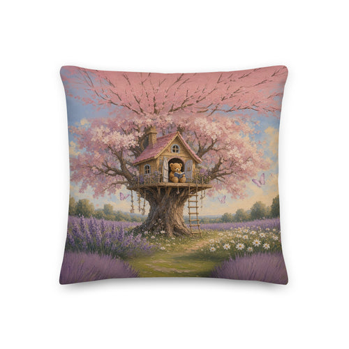 Blossom Treehouse Teddy Town throw pillow by Jamie Lawrence, back