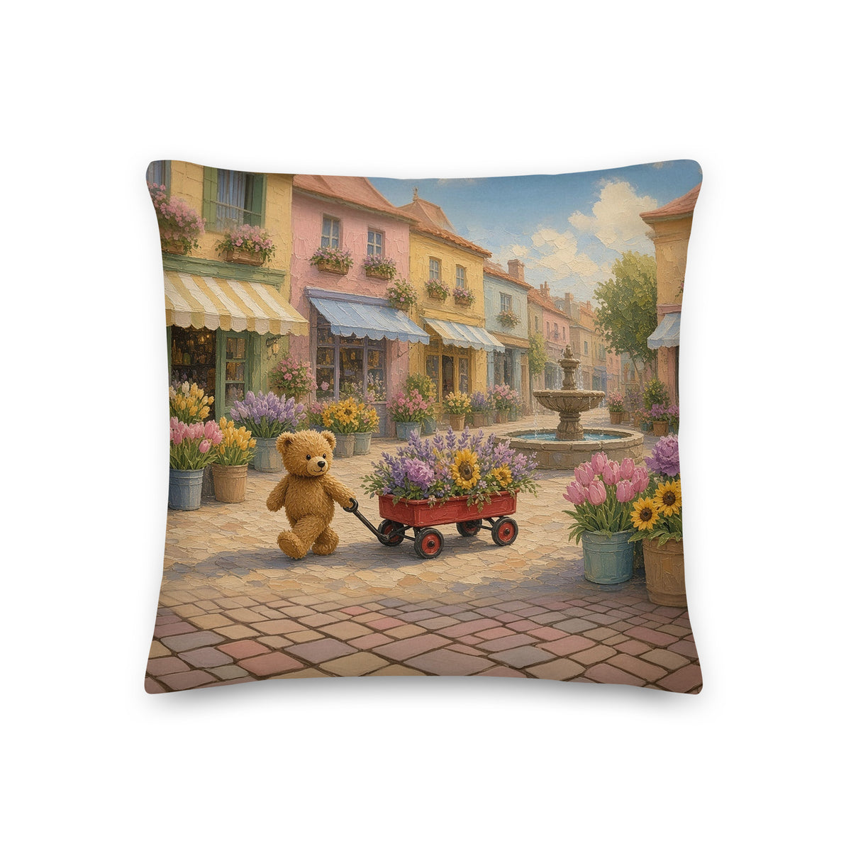 Flower Market Teddy Town throw pillow by Jamie Lawrence, back