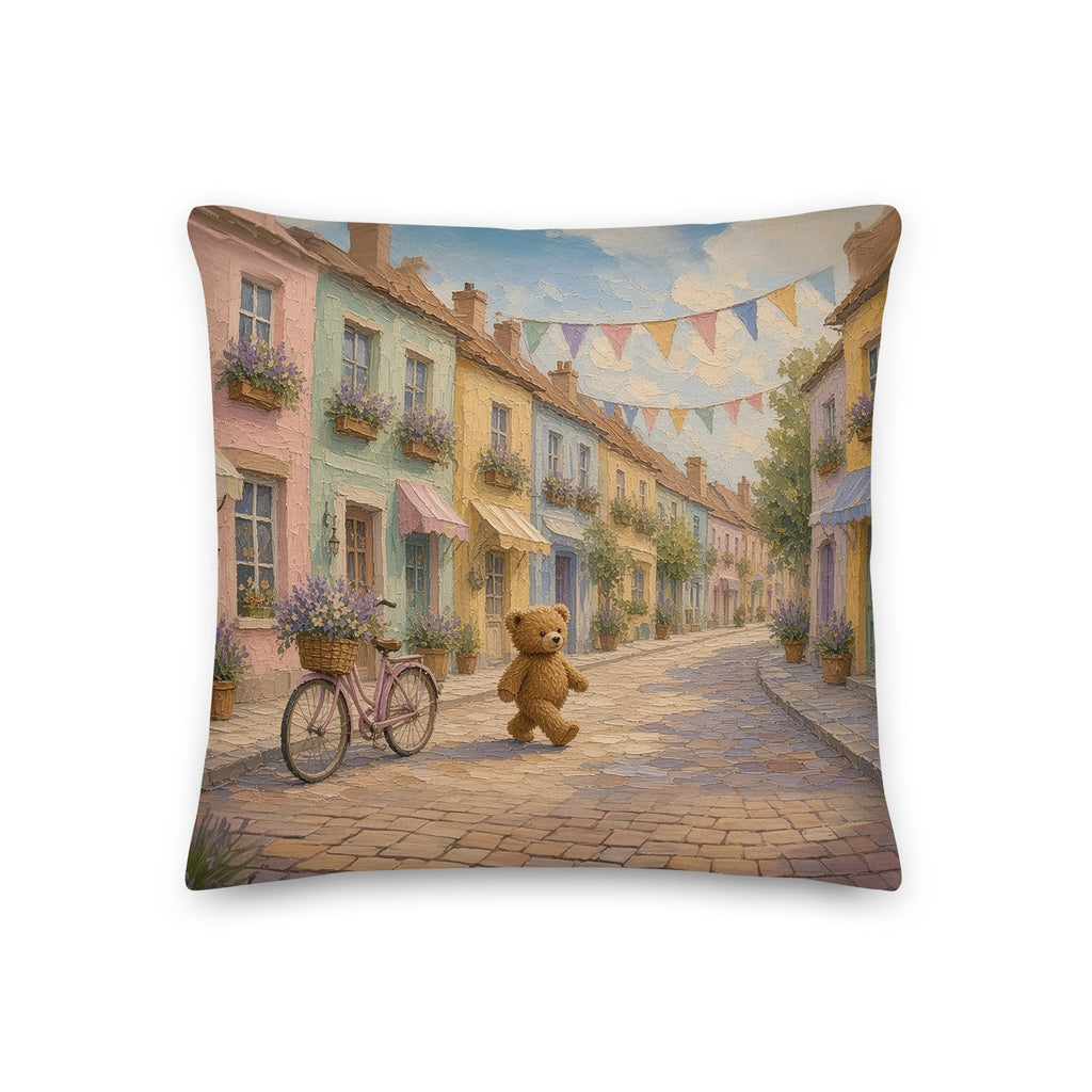 Little Town Teddy Town throw pillow by Jamie Lawrence, front