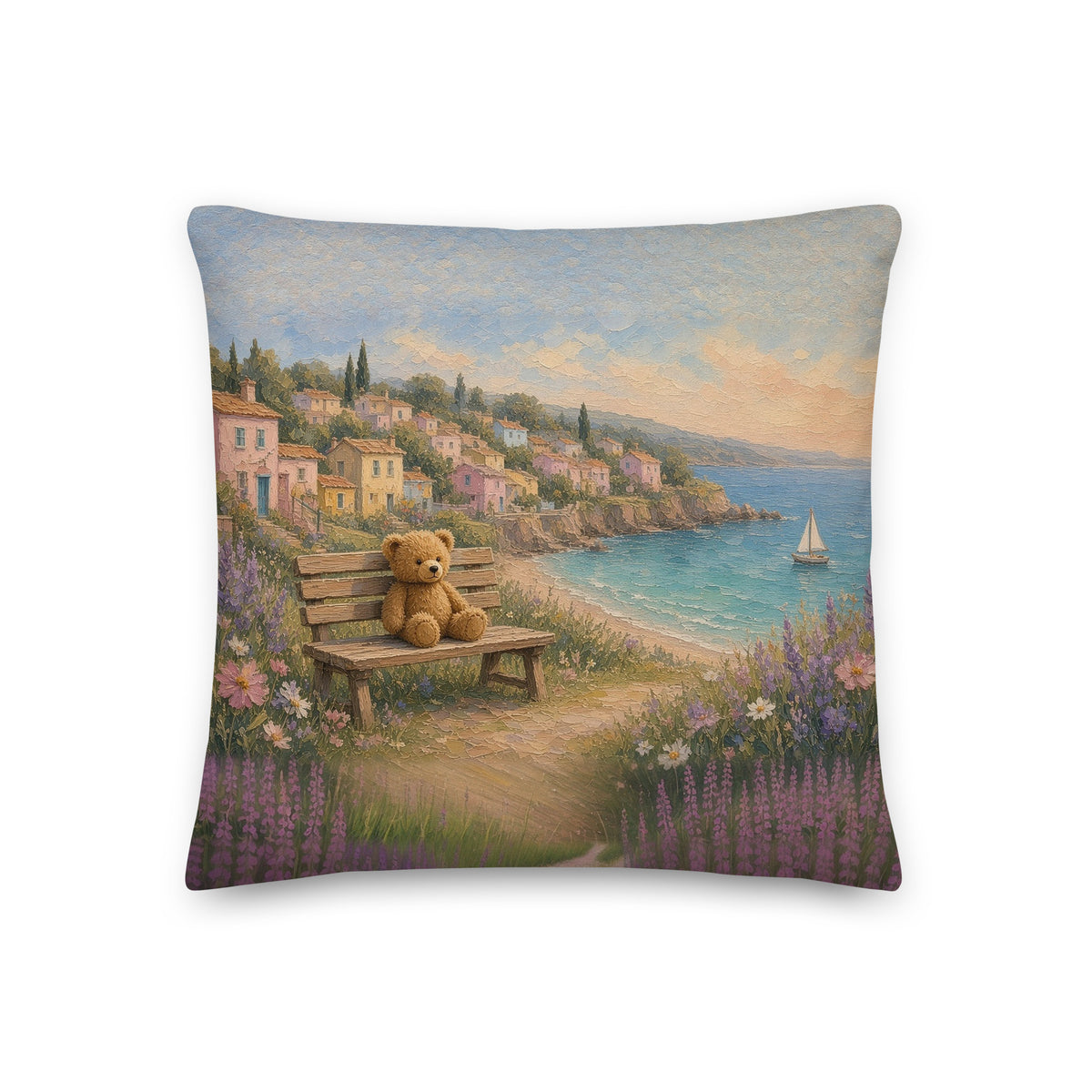 Seaside Village Teddy Town throw pillow by Jamie Lawrence, front
