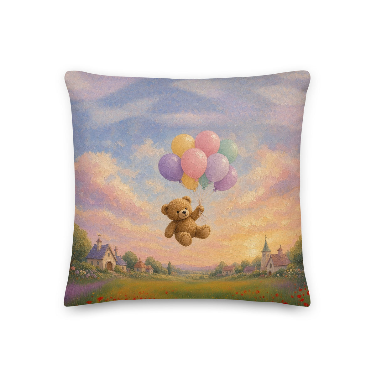 Up, Up and Away Teddy Town throw pillow by Jamie Lawrence, front