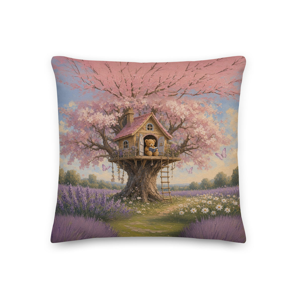 Blossom Treehouse Teddy Town throw pillow by Jamie Lawrence, front