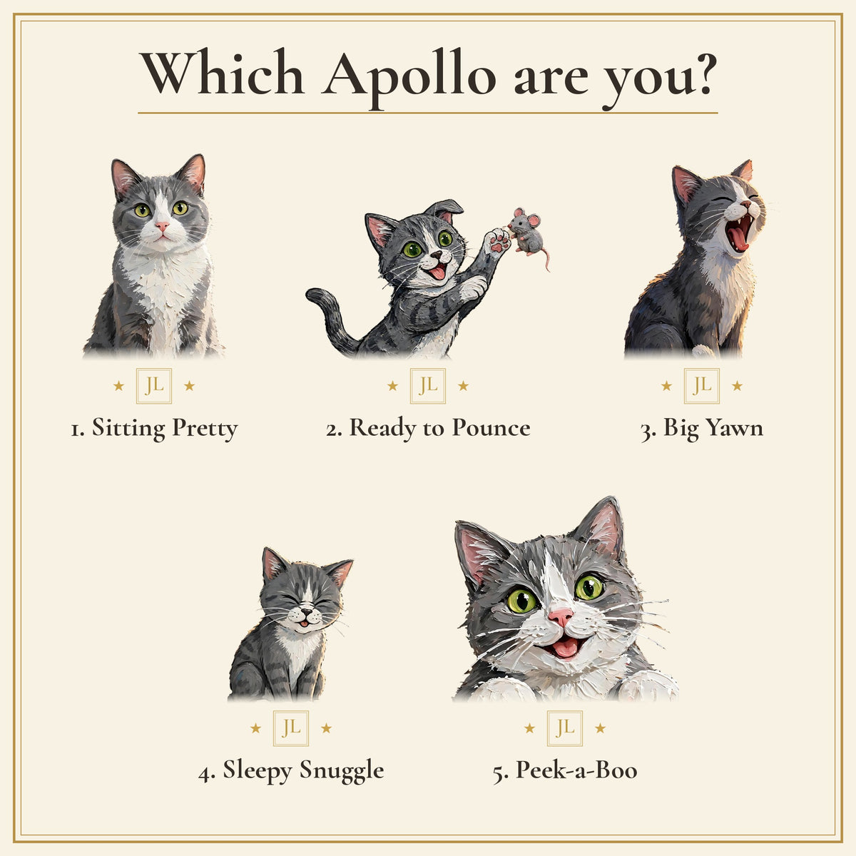 Which Apollo are you? The five Apollo poses: Sitting Pretty, Ready to Pounce, Big Yawn, Sleepy Snuggle and Peek-a-Boo