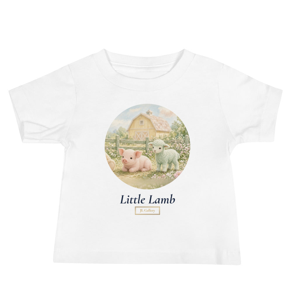 Little Lamb Farm Friends Baby Tee laid flat with gold JL Gallery mark