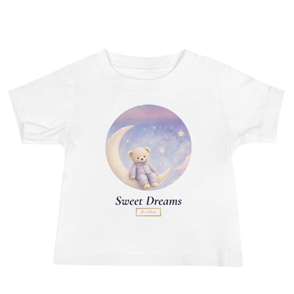 Sweet Dreams Night Sky Baby Tee laid flat with gold JL Gallery mark
