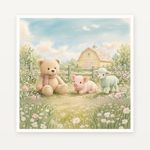 Farm Friends, Teddy & Farmyard, signed 18x18 nursery art print by Jamie Lawrence