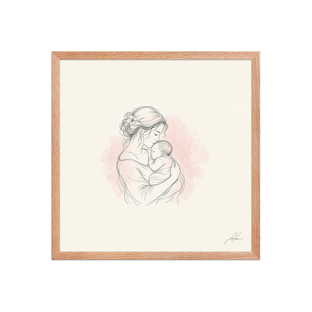 Safe in My Arms, a fine-line drawing of a mother cradling her newborn, Beloved print by Jamie Lawrence in a Red Oak frame