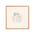 Safe in My Arms, a fine-line drawing of a mother cradling her newborn, Beloved print by Jamie Lawrence in a Red Oak frame