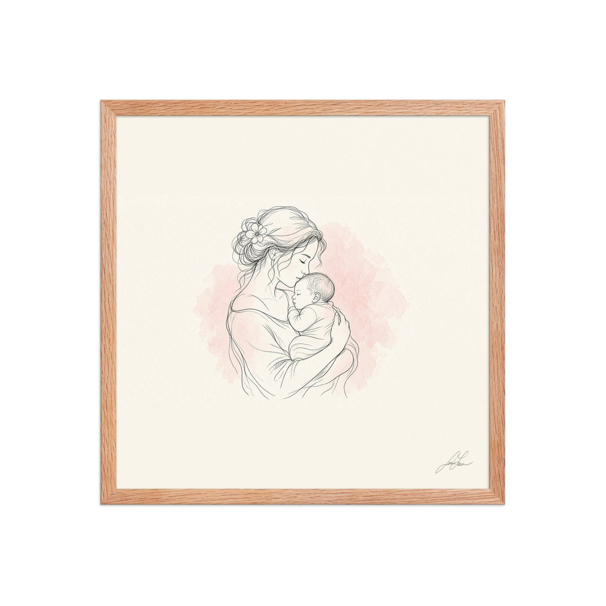 Safe in My Arms, a fine-line drawing of a mother cradling her newborn, Beloved print by Jamie Lawrence in a Red Oak frame