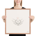 Ten Little Toes, a fine-line drawing of a parent's hands cradling a baby's feet beneath a small blush heart, Beloved print by Jamie Lawrence in a Red Oak frame, held to show scale