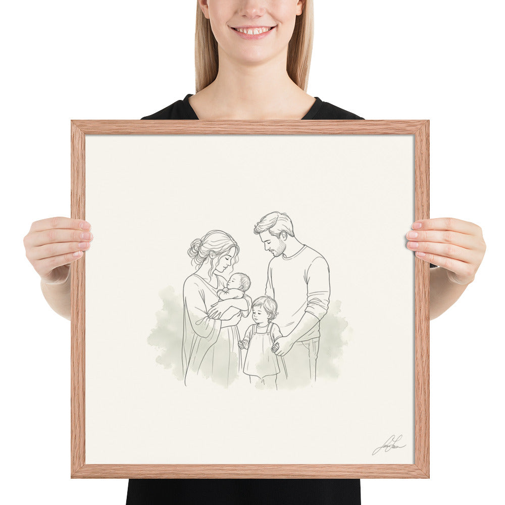 All of Us, a fine-line drawing of a family gathered close, Beloved print by Jamie Lawrence in a Red Oak frame, held to show scale