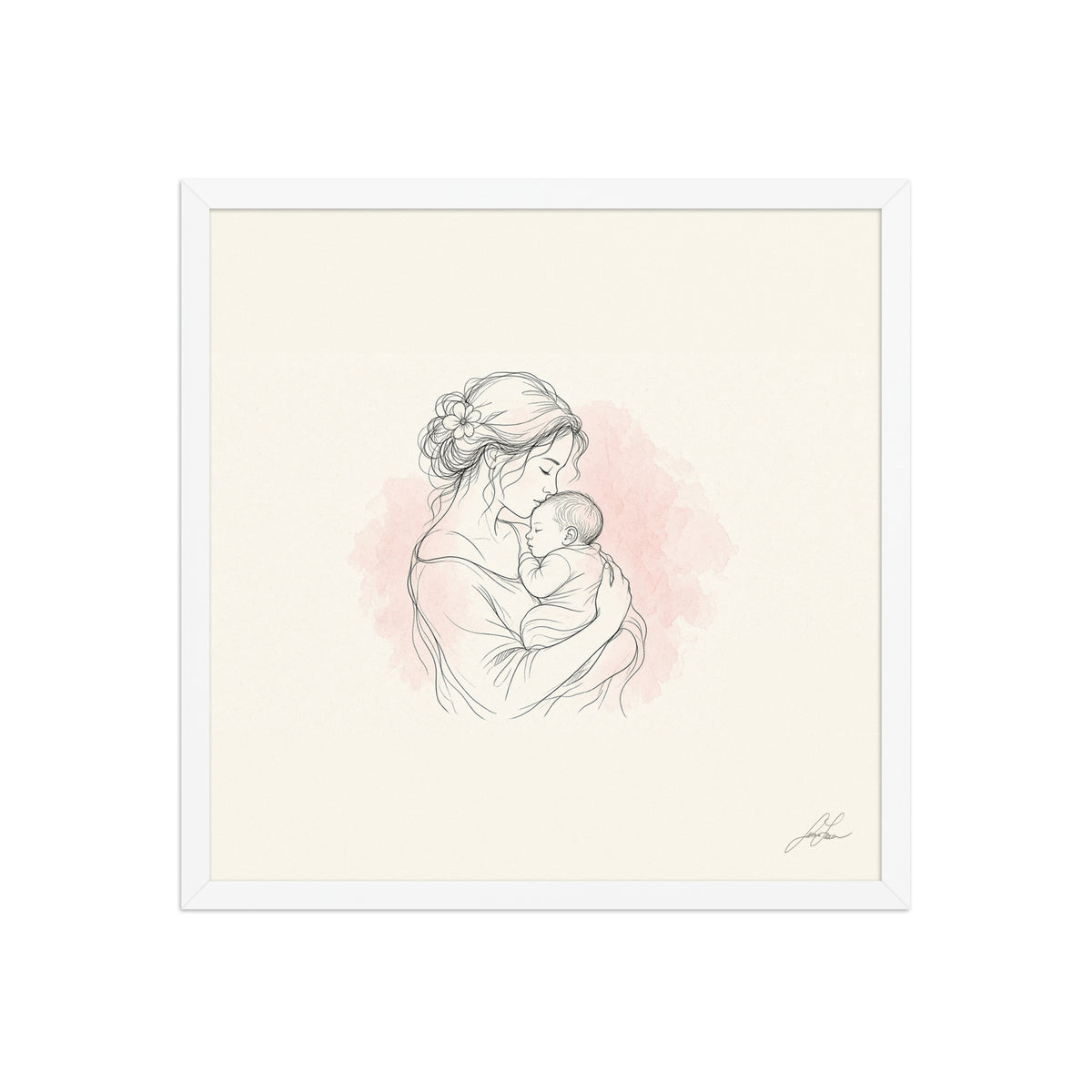 Safe in My Arms, a fine-line drawing of a mother cradling her newborn, Beloved print by Jamie Lawrence in a White frame