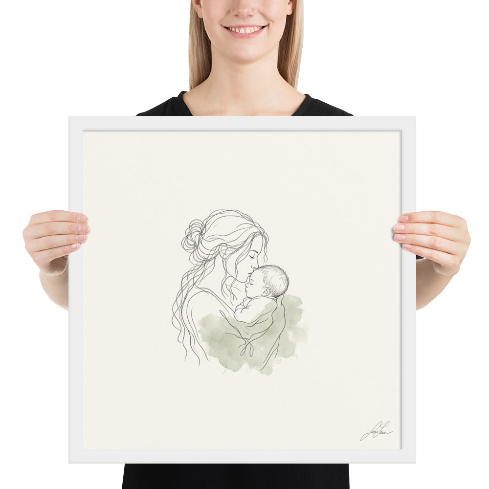 First Kiss, a fine-line drawing of a mother kissing her baby, Beloved print by Jamie Lawrence in a White frame, held to show scale