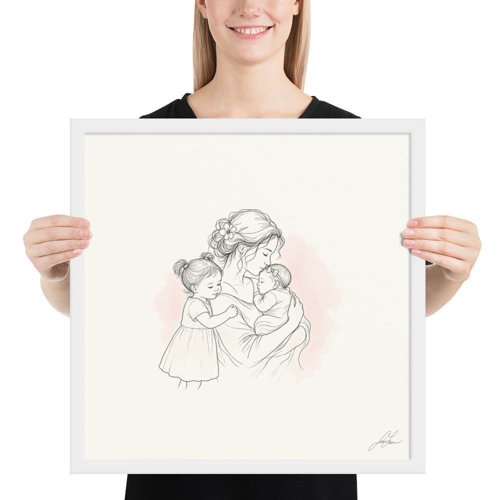 Room in My Heart, a fine-line drawing of a mother holding her baby girl with a little sister at her side, Beloved print by Jamie Lawrence in a White frame, held to show scale