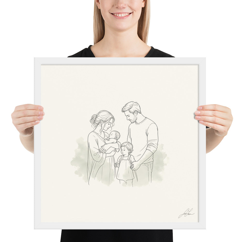 All of Us, a fine-line drawing of a family gathered close, Beloved print by Jamie Lawrence in a White frame, held to show scale