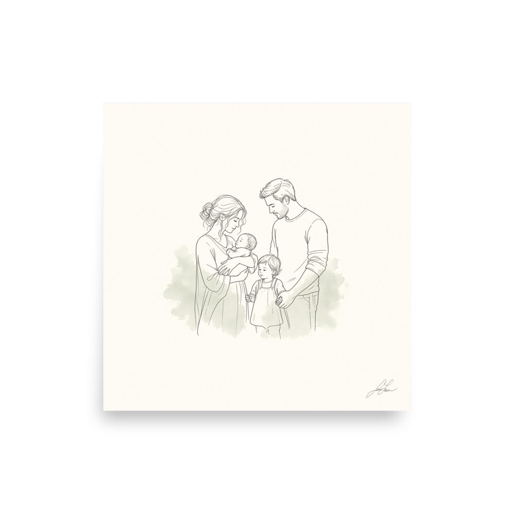 All of Us, a fine-line drawing of a family gathered close, Beloved print by Jamie Lawrence, flat front view