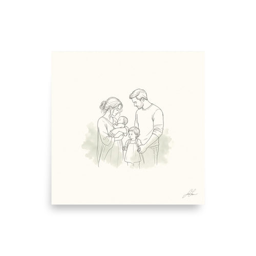 All of Us, a fine-line drawing of a family gathered close, Beloved print by Jamie Lawrence, flat front view