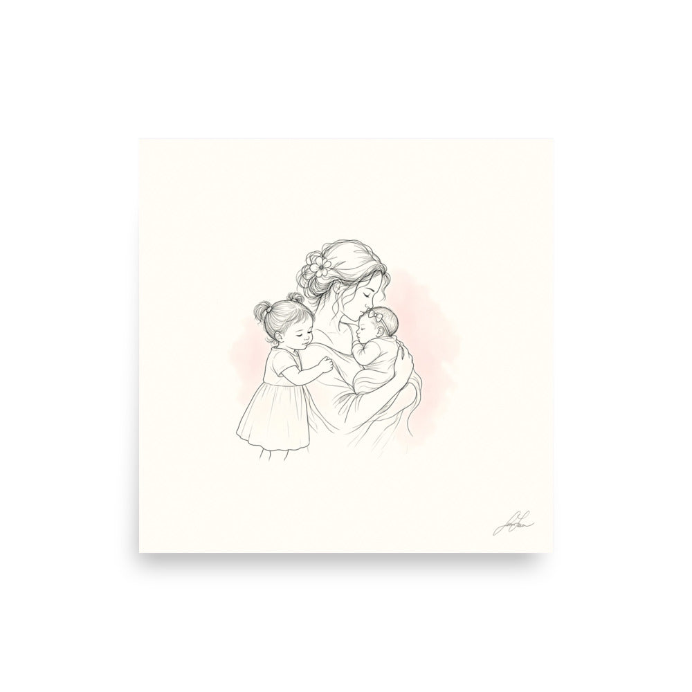 Room in My Heart, a fine-line drawing of a mother holding her baby girl with a little sister at her side, Beloved print by Jamie Lawrence, flat front view