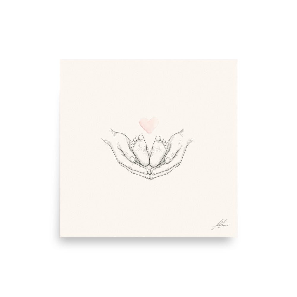 Ten Little Toes, a fine-line drawing of a parent's hands cradling a baby's feet beneath a small blush heart, Beloved print by Jamie Lawrence, flat front view