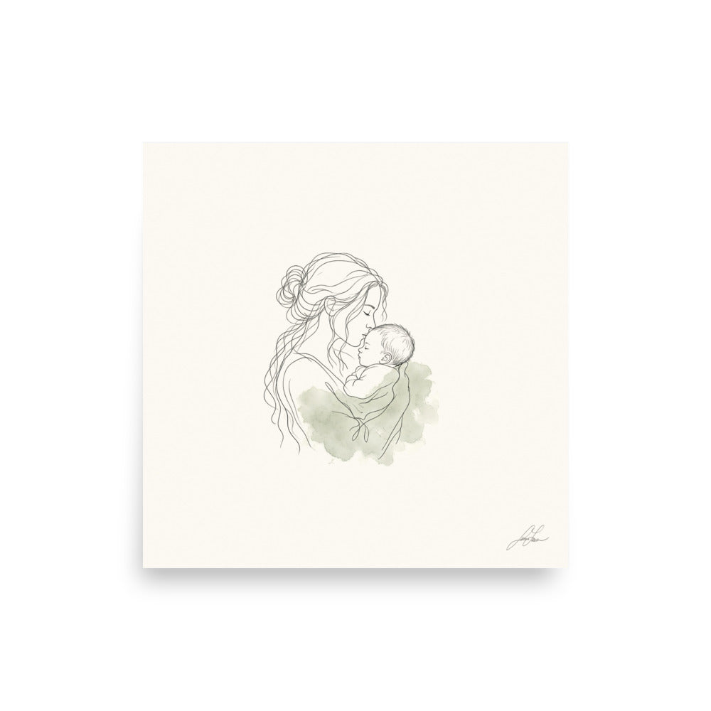 First Kiss, a fine-line drawing of a mother kissing her baby, Beloved print by Jamie Lawrence, flat front view