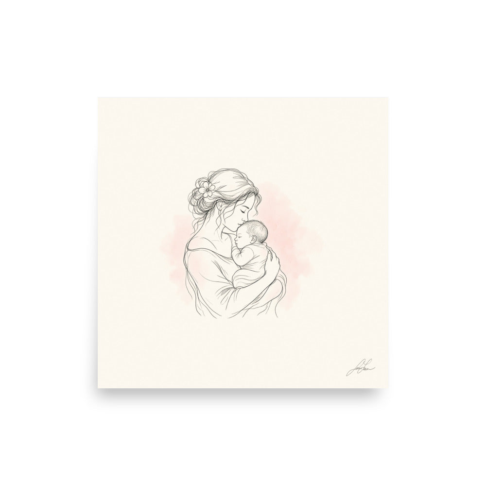 Safe in My Arms, a fine-line drawing of a mother cradling her newborn, Beloved print by Jamie Lawrence, flat front view