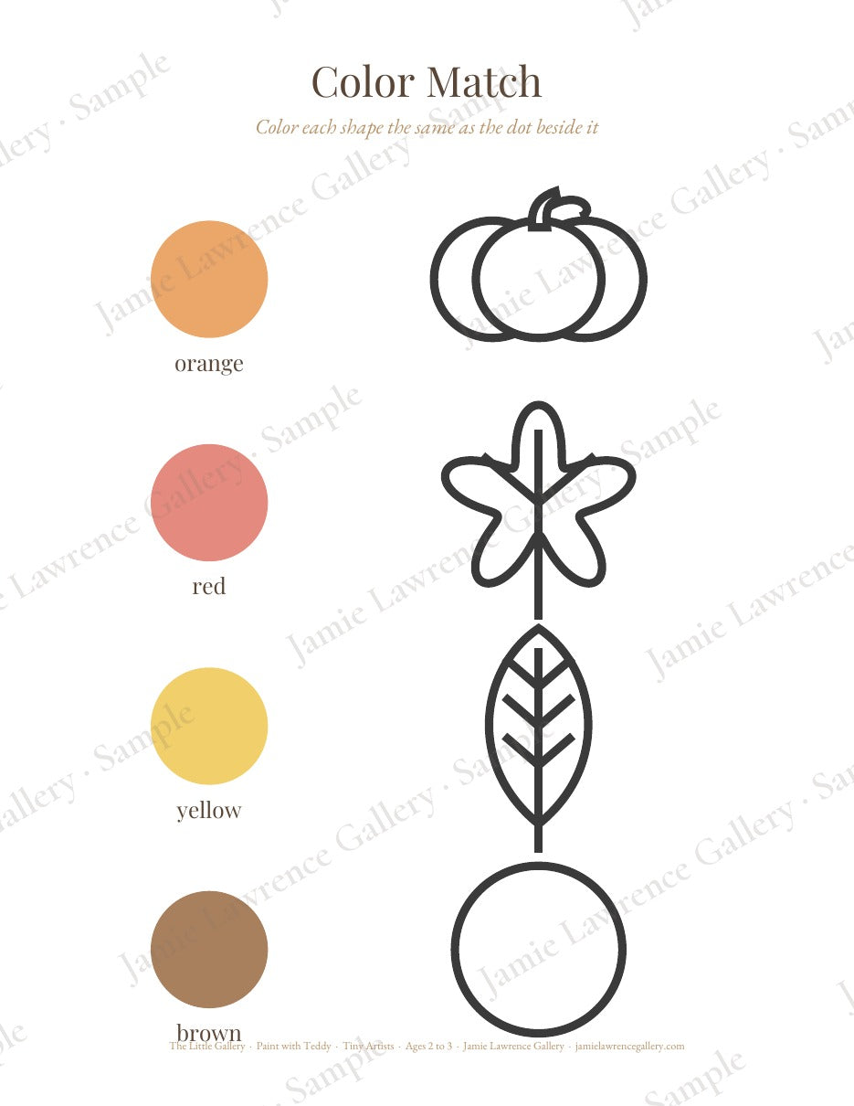 Paint with Teddy, Fall Edition, Tiny Artists ages 2 to 3: Color Match page