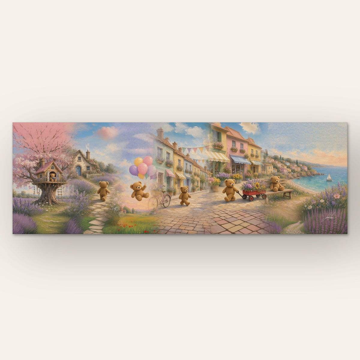 Teddy Town Wonderland First Edition 16x48 panorama gallery canvas by Jamie Lawrence, the full painting