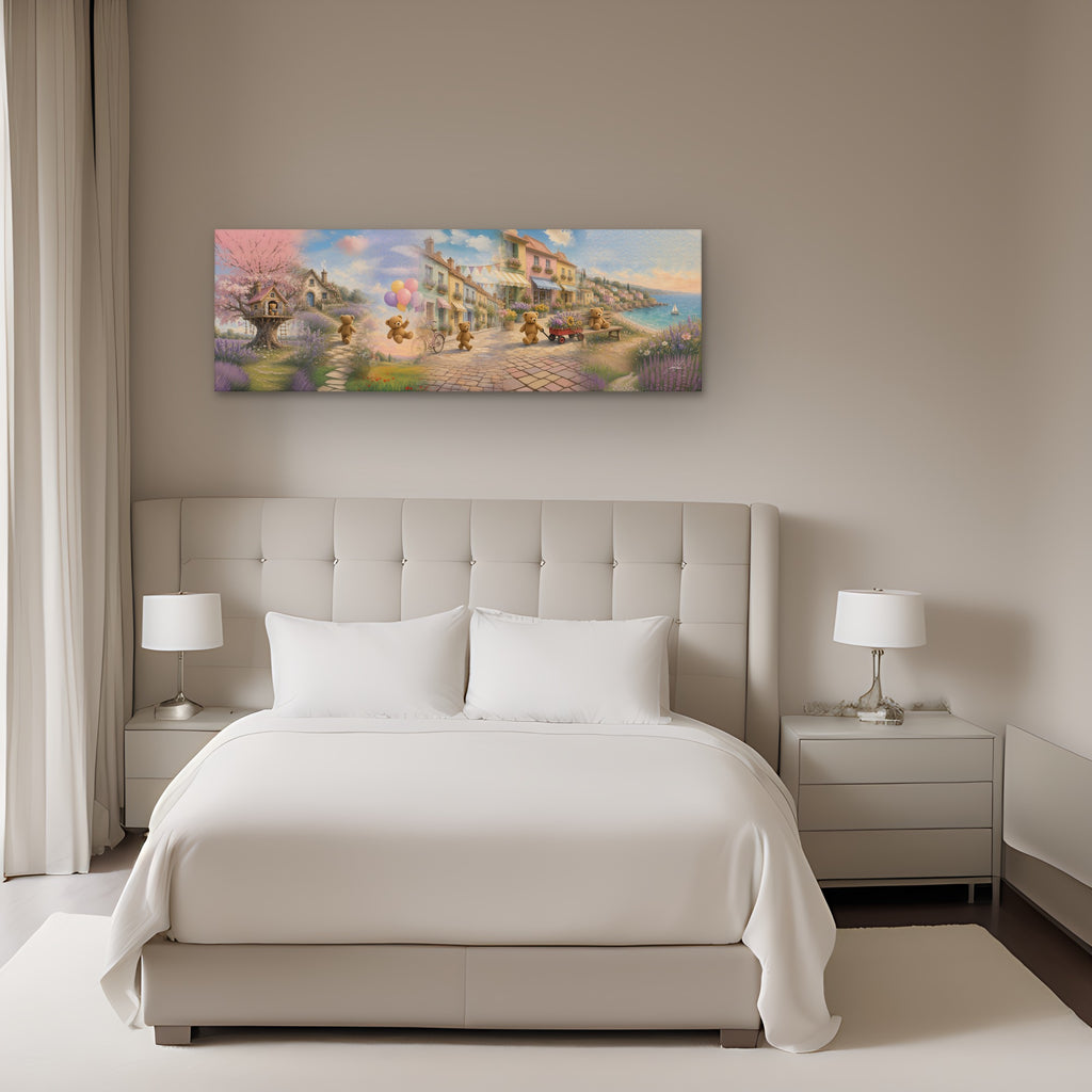 Teddy Town Wonderland 16x48 panorama canvas shown to scale above a bed