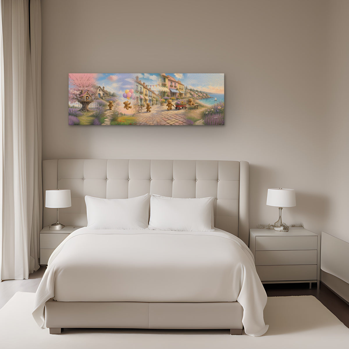 Teddy Town Wonderland 16x48 panorama canvas shown to scale above a bed