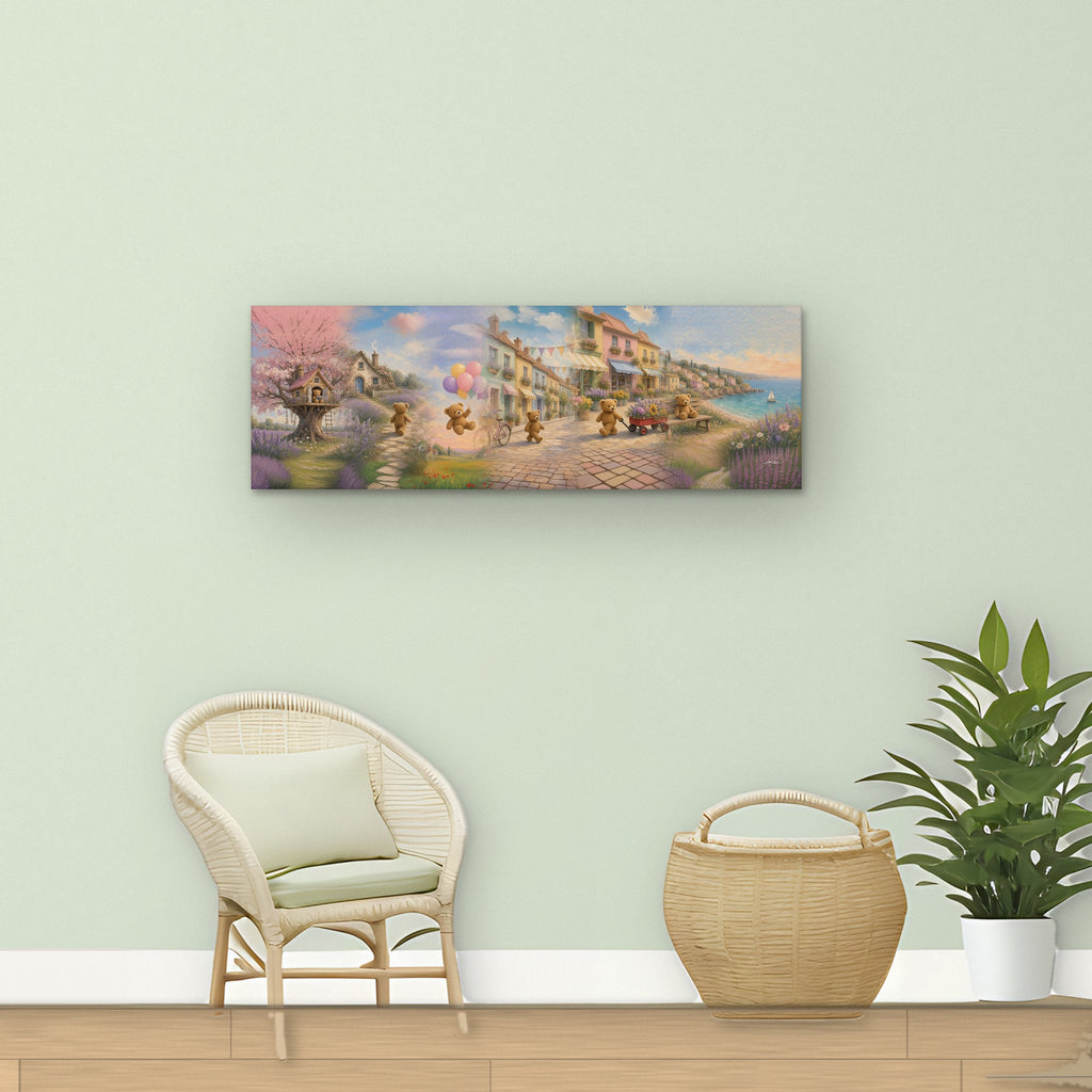 Teddy Town Wonderland 16x48 panorama canvas shown to scale in a soft green nursery