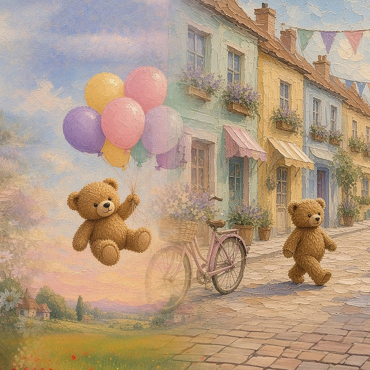 Detail of Teddy Town Wonderland panorama: teddy bears with balloons on the cottage street