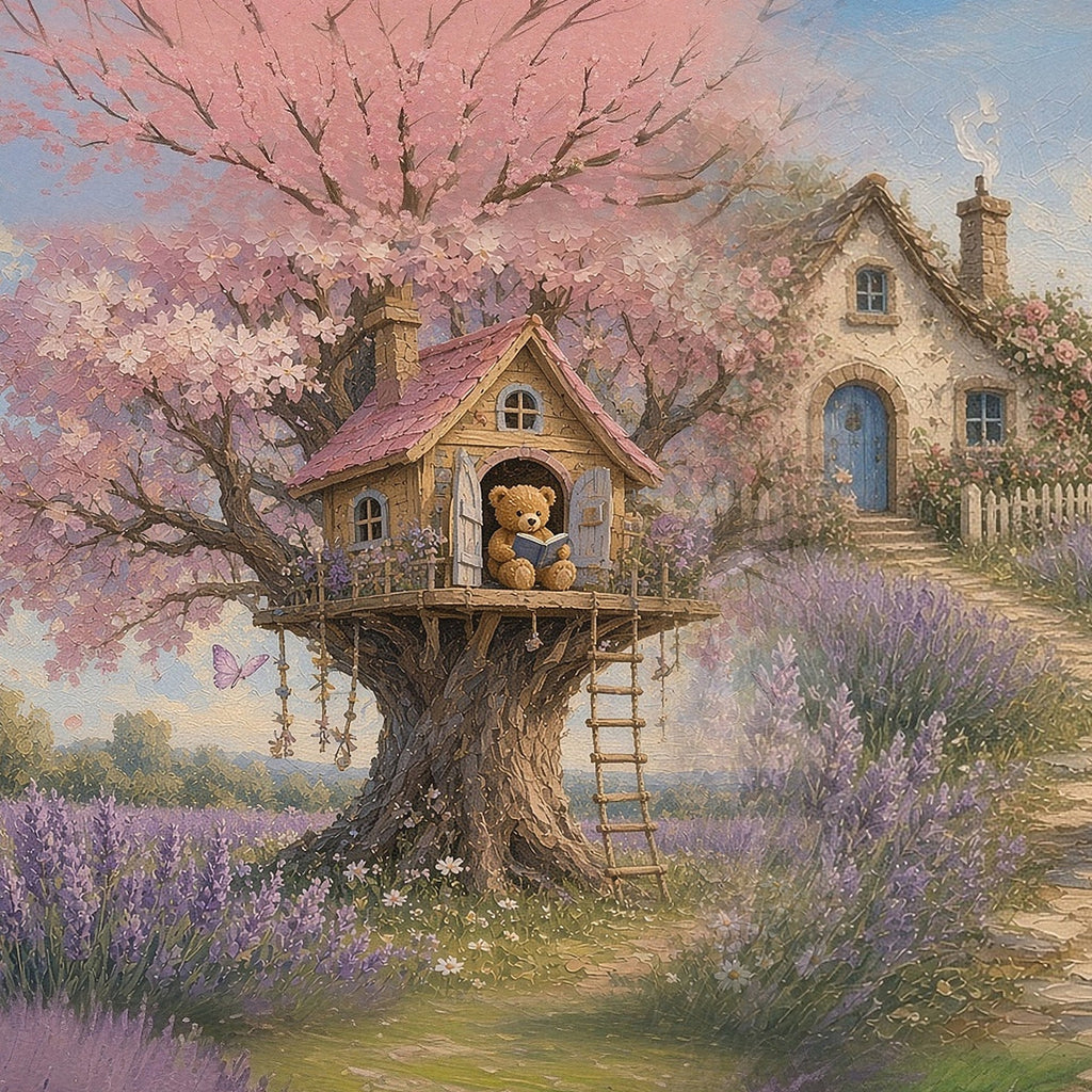 Detail of Teddy Town Wonderland panorama: the blossom treehouse beside a lavender path