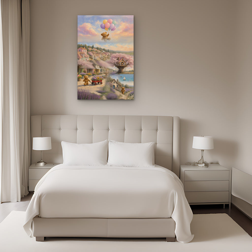 Teddy Town Wonderland 24x36 canvas shown to scale above a bed
